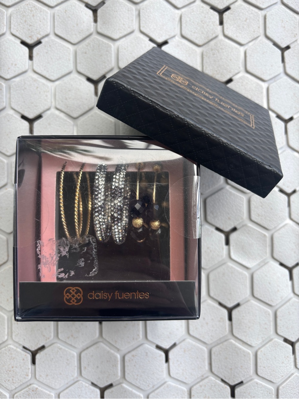 Daisy Fuentes 3-pair Hoop Earring Gift Box Set Silver/Black/Gold NWT